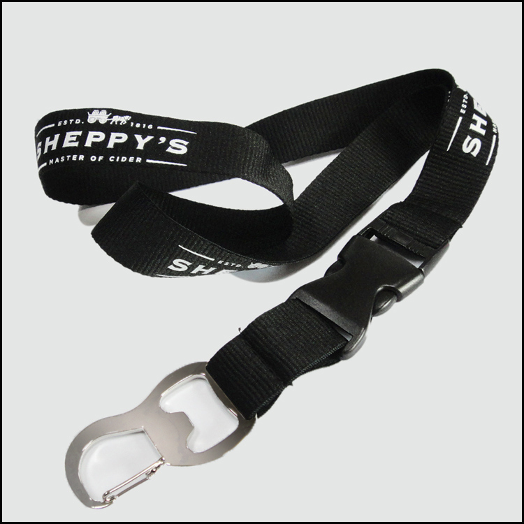 Black polyester custom logo feature opener hook neck lanyard 