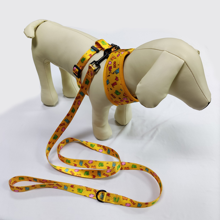 Adjustable custom yellow printed dog harness and leash set