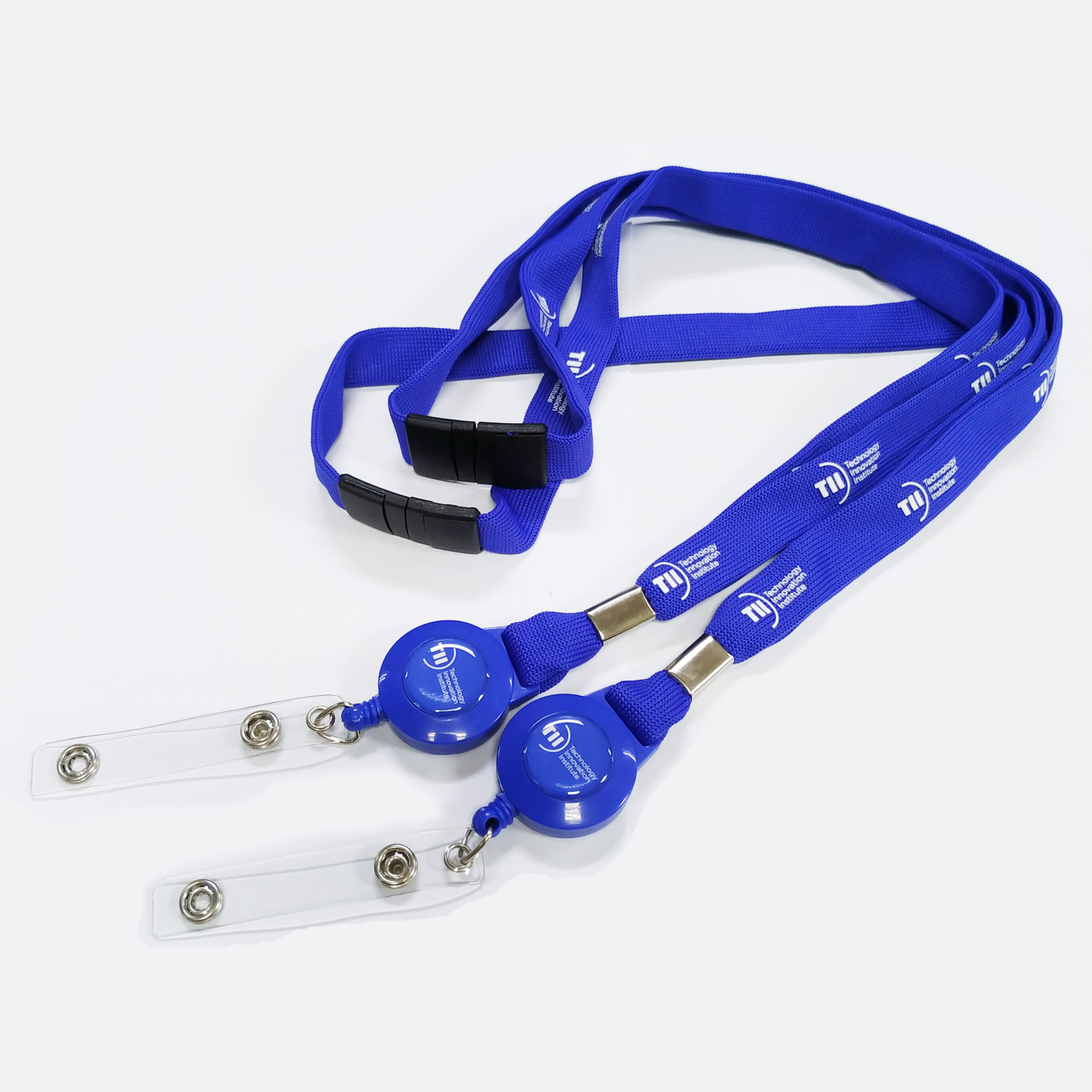 Blue tubular knitting safety breakaway badge id card holder lanyard with retractable reelers