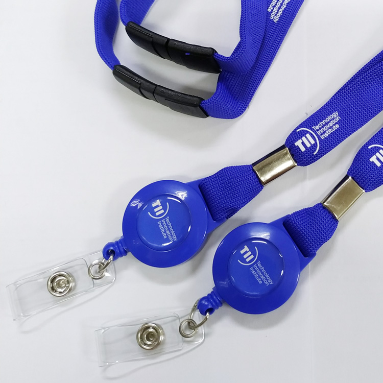 Blue tubular knitting safety breakaway badge id card holder lanyard with retractable reelers