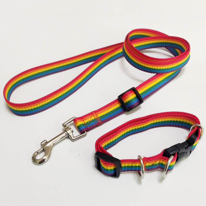 自由调节长度牵引宠物项圈绳彩虹尼龙PP牢固防脱遛狗带 