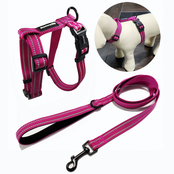 粉色尼龙反光织带款胸背遛狗带套装